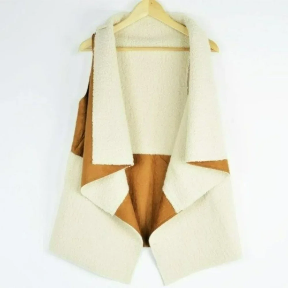 NWT Ellie & Kate Contrast Sherpa / Suede Open Front Relaxed fit Vest - Picture 4 of 5